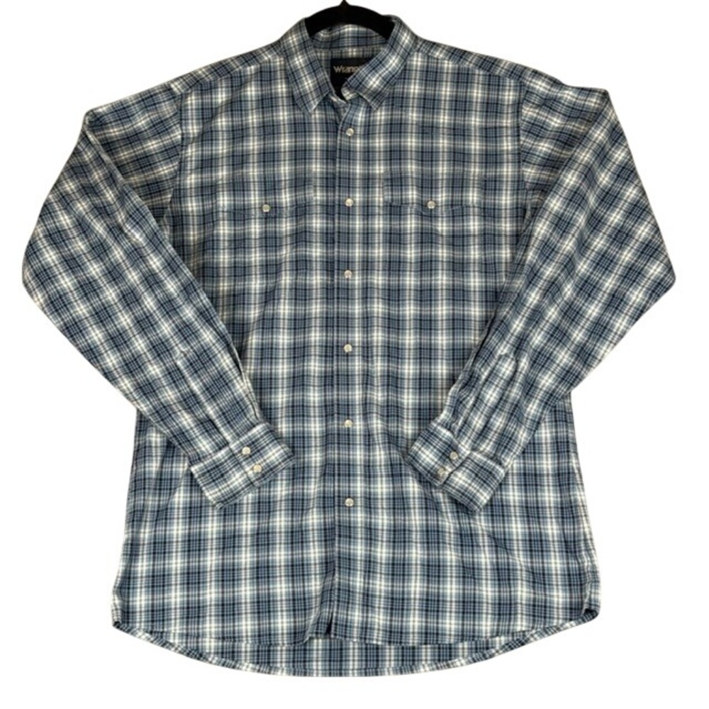 Wrangler Mens L Blue Plaid Pearl Snap Western Shirt Long Sleeve Cowboy NOTE